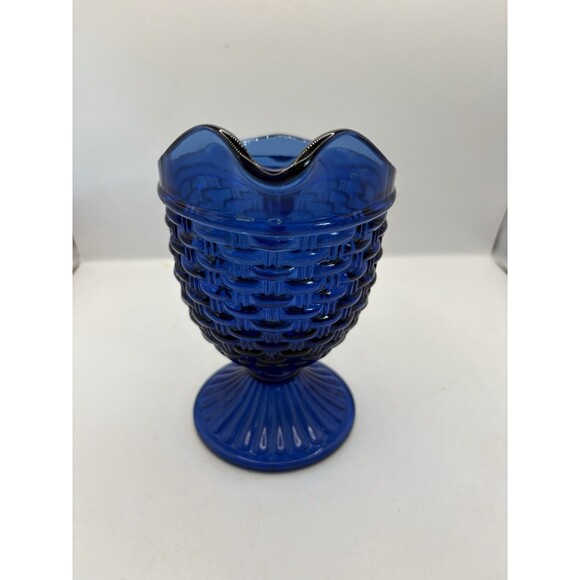 Imperial Glass Cobalt Blue Basket Weave Creamer Pitcher 5.5” - Picture 5 of 7